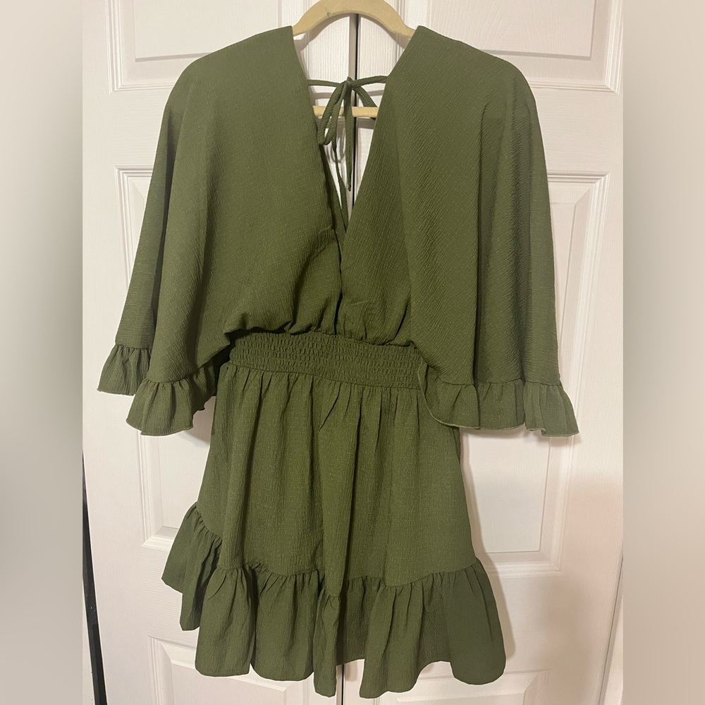 Plunging ruffle-trim mini dress with shorts built in. V-neck olive color. L, NWT - Picture 6 of 13
